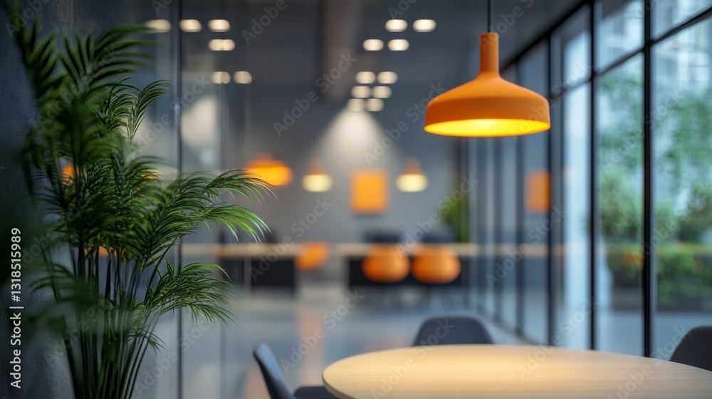 Poster in a contemporary office, a round table is softly illuminated by an orange pendant light. large wind