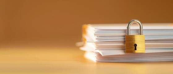 Secure gold padlock resting on neatly stacked white paper sheets, warm tones