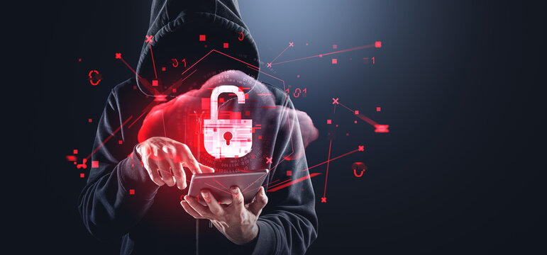 Hacker with tablet and digital lock.