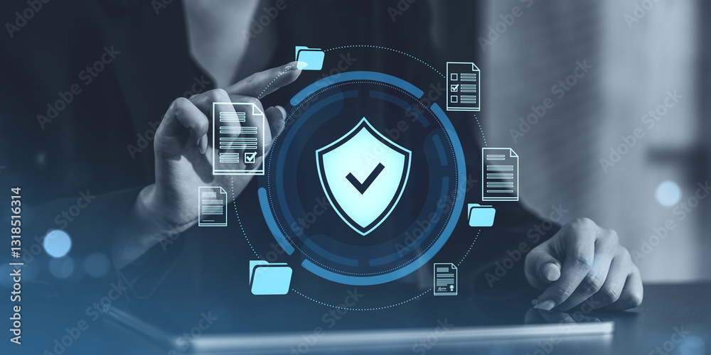Poster cybersecurity concept with digital shield and data icons on futuristic interface.