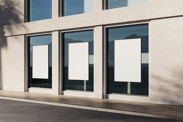 Blank posters on modern building facade for advertising mockup. 3D Rendering