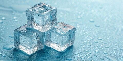 Closeup of three ice cubes melting on a wet surface, revealing glistening droplets of water