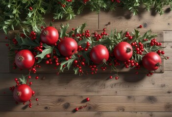 Ornate red script with mistletoe and pomegranates on rustic wooden plank ,  mistletoe,  elegant