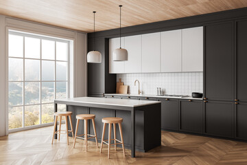 Modern minimalist kitchen interior with large window and stylish furniture. 3D Rendering