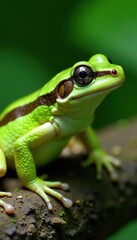 Small, rounded body with brown and green stripes, amphibians, green
