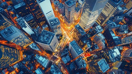 Aerial view of a vibrant city at night with numerous skyscrapers and bright lights