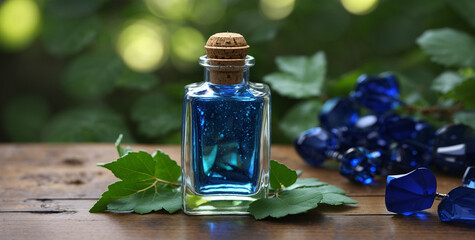 An enchanting blue potion is captured in this image. It could be used as a generative AI tool example. The square bottle is displayed on a wooden surface amid foliage.