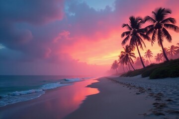 Palm trees and sandy beach at dawn with misty fog, tranquil scene, ocean beach, sunrise