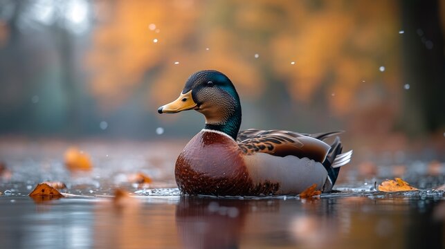 Beautiful mallard duck swimming in a pond during autumn