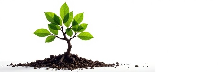 Small tree roots and branches on white background, stem, plant