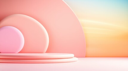 Fototapeta premium A soft, pastel-colored abstract scene featuring circular shapes against a gradient background, creating a serene and modern aesthetic.