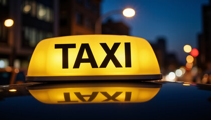 Illuminated taxi sign at night, urban nightlife atmosphere