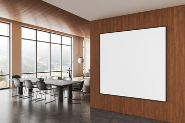 Large framed blank poster on wooden wall in modern office interior. 3D Rendering