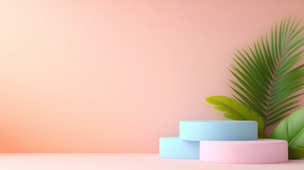 A serene arrangement of pastel-colored circles and lush green leaves against a soft pink background, evoking calmness and aesthetic appeal.