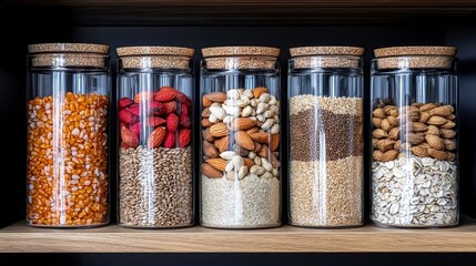Glass Jars Filled with Healthy Foods on Wooden Shelf, Pantry Organization