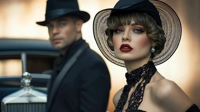 Glamour and freedom: a woman epitomizing the flapper era bold essence, clad in vintage attire with jewels, embodying independence and redefining roles through avant-garde style.