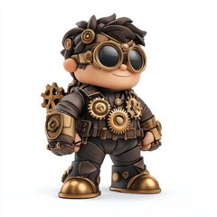 Small Superhero in a Steampunk-Inspired Suit with Gears, isolated on clear white background