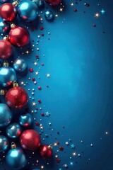 Sparkling blue background with ornaments and glittery garland, decorations, baubles