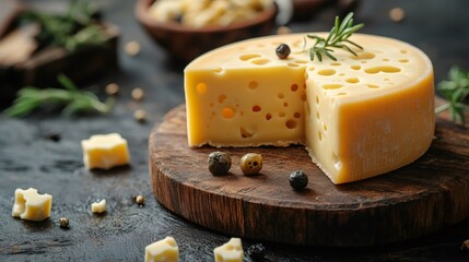 Maasdam cheese wheel with rosemary and peppercorns on rustic wooden board