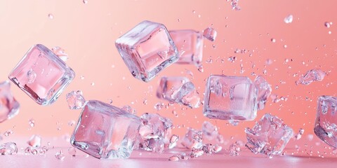Crystalline ice cubes levitating on a pastel coral background