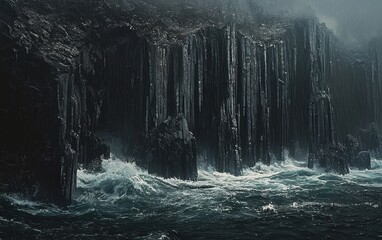 Dark basalt formations emerging from the ocean, waves crashing around