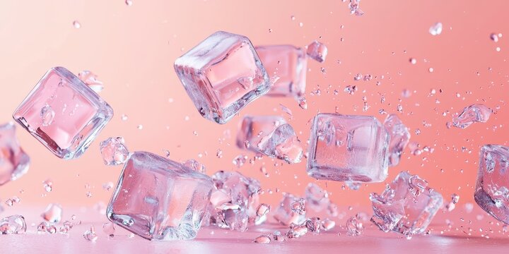 Crystalline ice cubes levitating on a pastel coral background