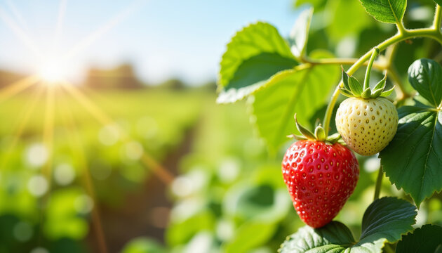 Ripe red strawberry and unripe green strawberry in sunlight, natural growth