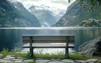 Scandinavian-style wooden bench on a softly blurred fjord landscape background