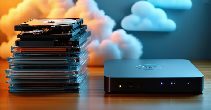 Stack of old dusty hard drives and cds next to sleek cloud connected device warm ambient lighting symbolizing digital transformation