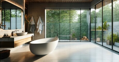 Bathroom with freestanding tub floor to ceiling tiles and large windows showcasing modern and airy bathroom designs trending in current interiors