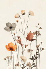 A botanic drawing of dried flowers and leaves in various sizes, set against an off-white background. The colors include shades of brown, beige, gray, 