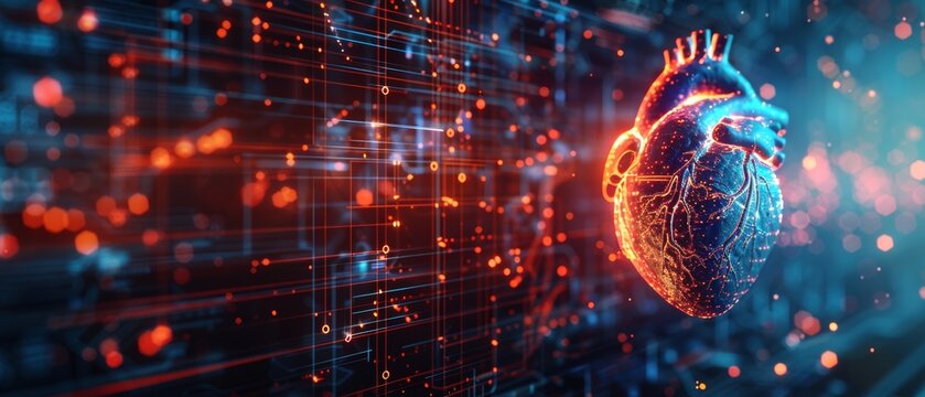 Vibrant Heart in Motion on Electronic Background with Fluorescent Precision and Clean Lines