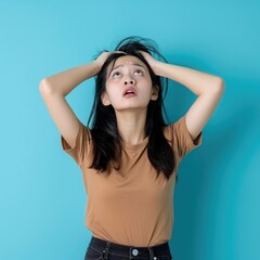 Fototapeta premium Young Woman Pulling Her Hair Up In Frustration on Blue Background