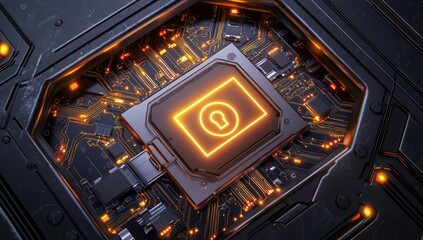 Fototapeta premium Cybersecurity emphasized with glowing lock and circuit patterns on digital safe.