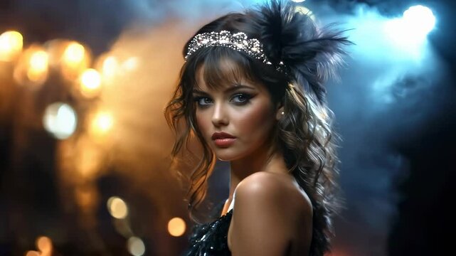 Elegance of the jazz age: a woman embracing the flapper style, adorned with short attire, pearls, and intricate accessories, showcasing the daring spirit of 1920s fashion and cultural rebellion.