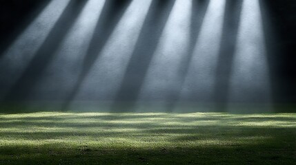 Light rays illuminating grassy field at night.
