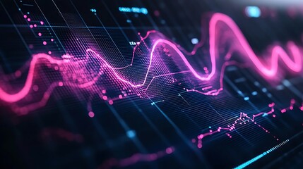 A glowing dark background with dynamic bar graphs and flowing numeric animations.