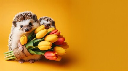 funny animals spring holidays - cute hedgehog with spring flowers, bright tulips on a yellow background