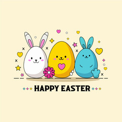 Happy Easter. Bunnies, eggs and heart elements. Modern style design, smooth pastel colors. Best for cards, banners, posters and social media posts.