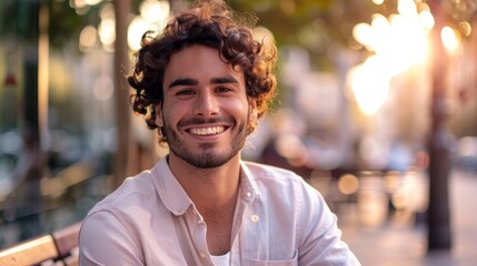 Fototapeta premium Young Man Sitting on a Bench with a Happy Face Expression Looking at the Camera