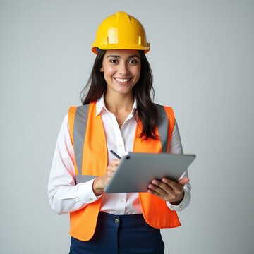 Smiling Female Engineer in Safety Gear Using Digital Tablet for Construction Management. 