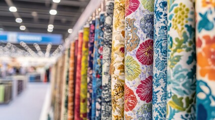 Vibrant display of colorful fabrics showcased at a textile exhibition, with blurred visitors in background