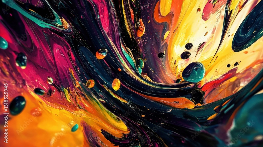 Poster vibrant abstract swirl of colors with floating spheres, creating a dynamic visual experience