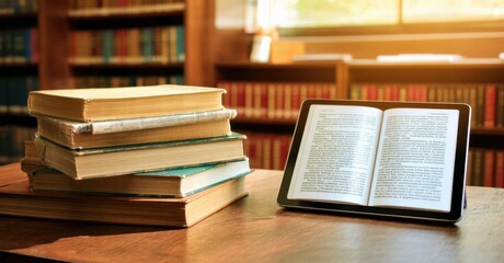 Desk with stack of unopened books next to tablet displaying e book soft golden lighting symbolizing traditional vs digital learning