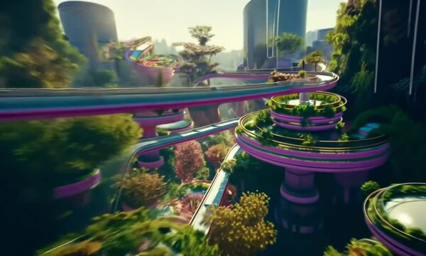 Colorful futuristic roller coaster track in a fantasy world symbolizing excitement, adventure, and thrill.