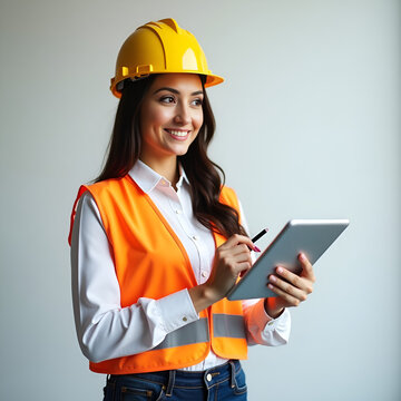 Confident Female Engineer Using Digital Tablet at Construction Site. 