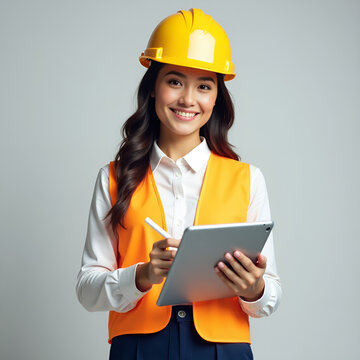 Smiling Female Engineer Using Digital Tablet at Construction Site. 