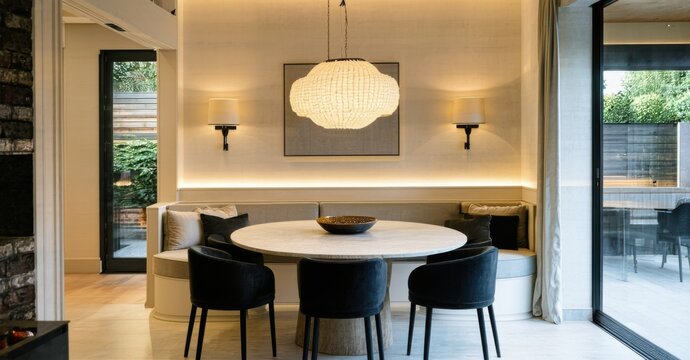 Dining area with built in banquette round table and statement lighting highlighting cozy and space efficient dining solutions popular in recent designs