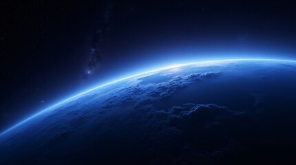 Obraz premium A breathtaking view of Earth from space, showcasing the planets curvature, a vibrant blue atmosphere, and a blanket of clouds beneath a starlit expanse.