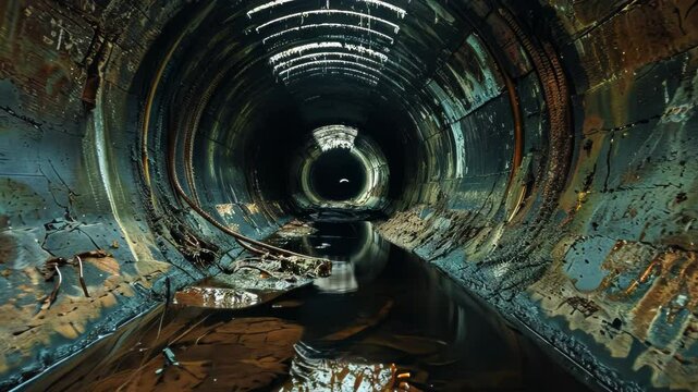 A grunge-style industrial pipe with water inside, reflecting light and showing rust and wear, creating an atmospheric scene.